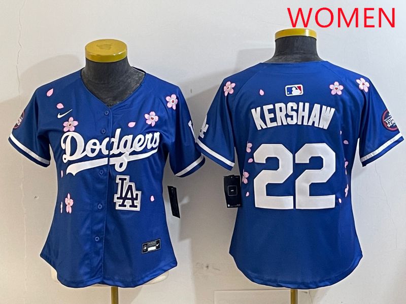 Women Los Angeles Dodgers #22 Kershaw Blue White Blue Sakura Edition 2025 Nike MLB Jersey style 9